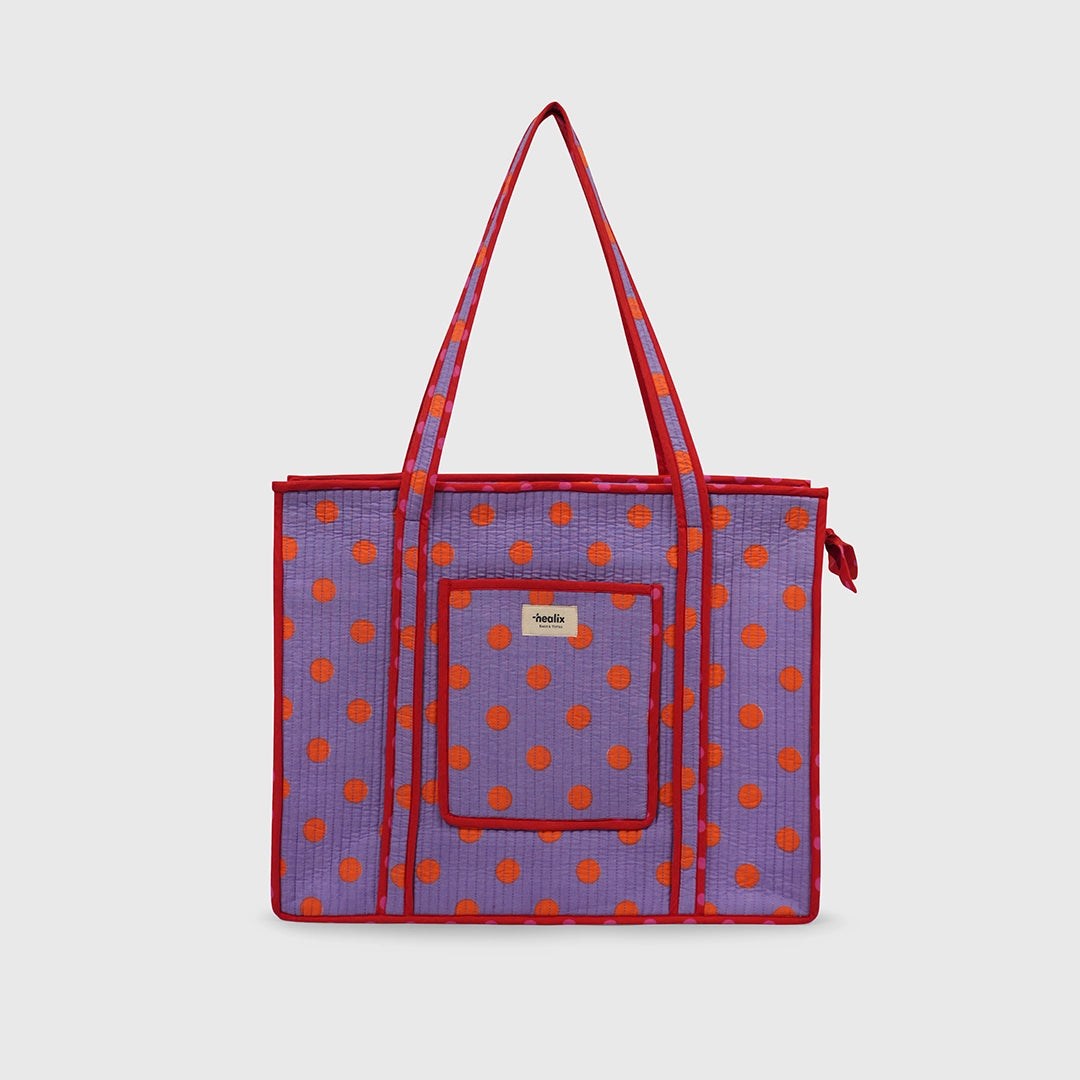 Carry-All Tote Bag in Lavender Stat and Citrus, front view.