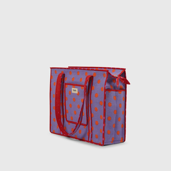 Carry-All Tote Bag in Lavender Stat and Citrus, back view.