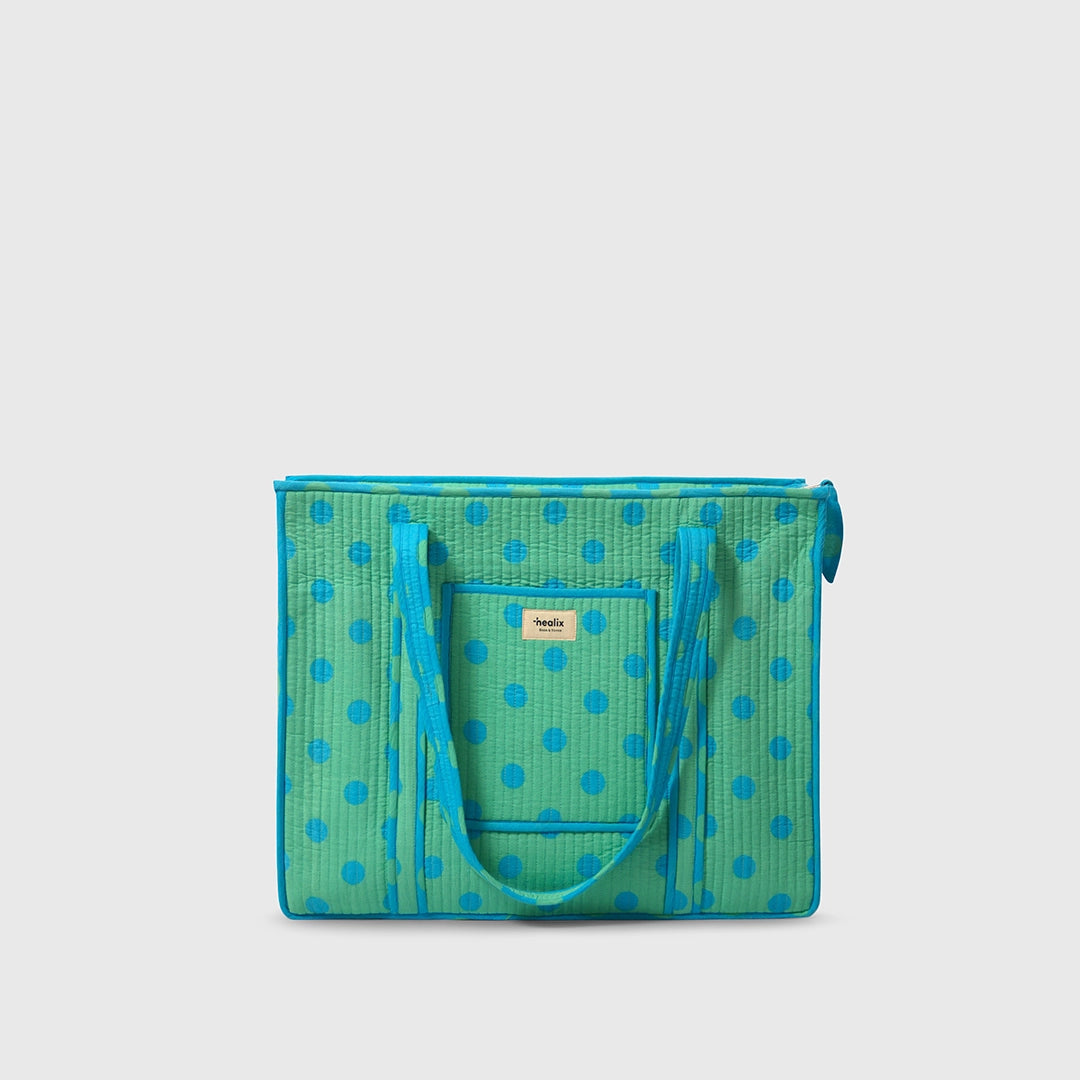 Carry-All Tote Bag in Mint and Turquise, front view.