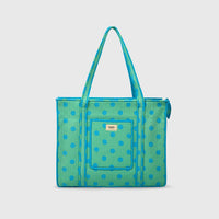 Carry-All Tote Bag in Mint and Turquise, front view with handles raised.
