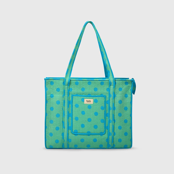 Carry-All Tote Bag in Mint and Turquise, front view with handles raised.