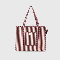 Carry-All Tote Bag in White and Espresso, front view with handles raised.