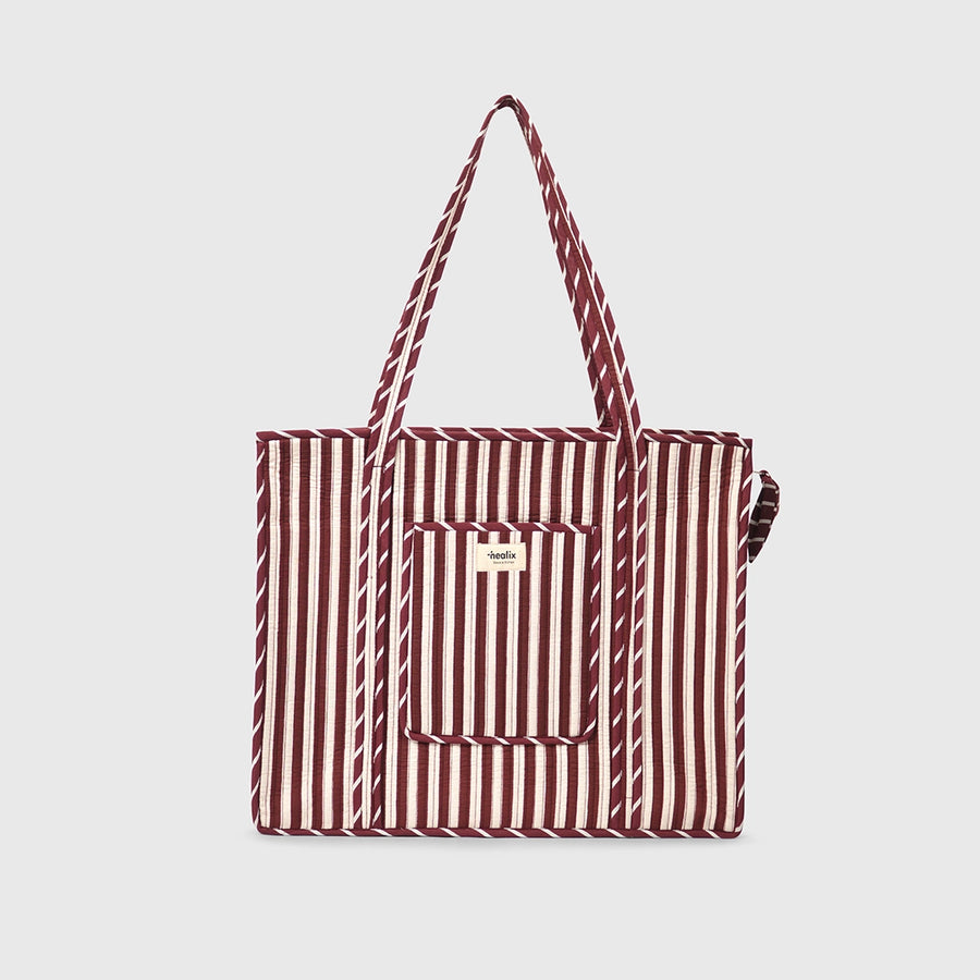 Carry-All Tote Bag in White and Espresso, front view with handles raised.