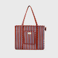 Carry-All Tote Bag in Clinic Blue and Night Grape, front view with handles raised.