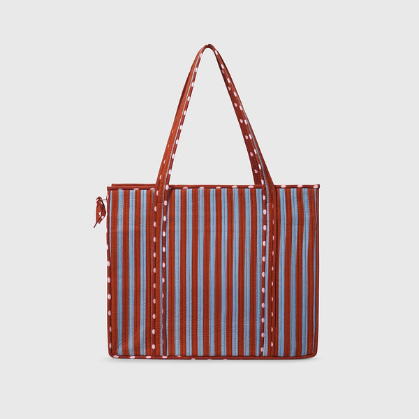 Carry-All Tote Bag in Clinic Blue and Night Grape, back view.