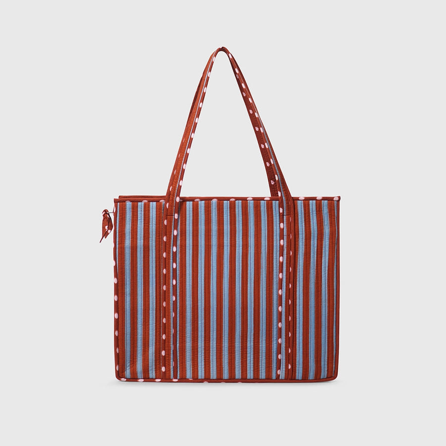 Carry-All Tote Bag in Clinic Blue and Night Grape, back view.
