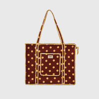 Carry-All Tote Bag in Night Grape and Butter Yellow, front view with handles raised.