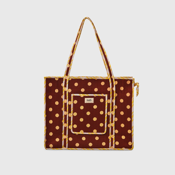 Carry-All Tote Bag in Night Grape and Butter Yellow, front view with handles raised.