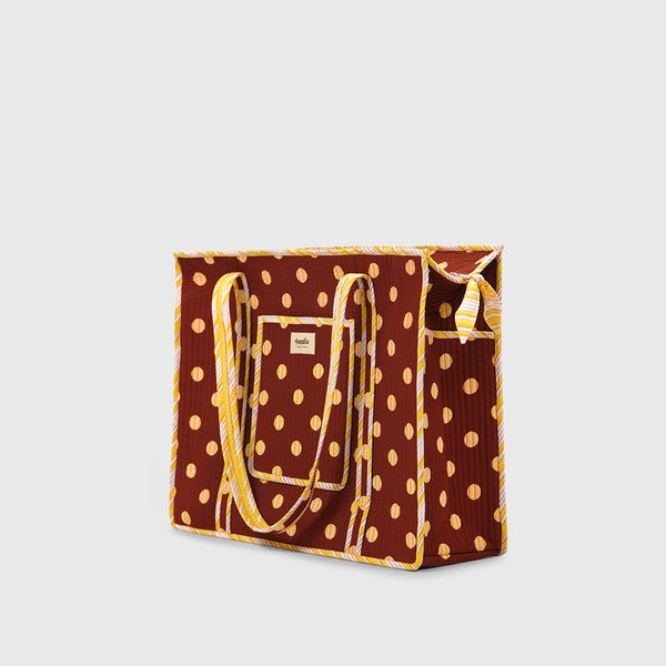 Carry-All Tote Bag in Night Grape and Butter Yellow, side view.