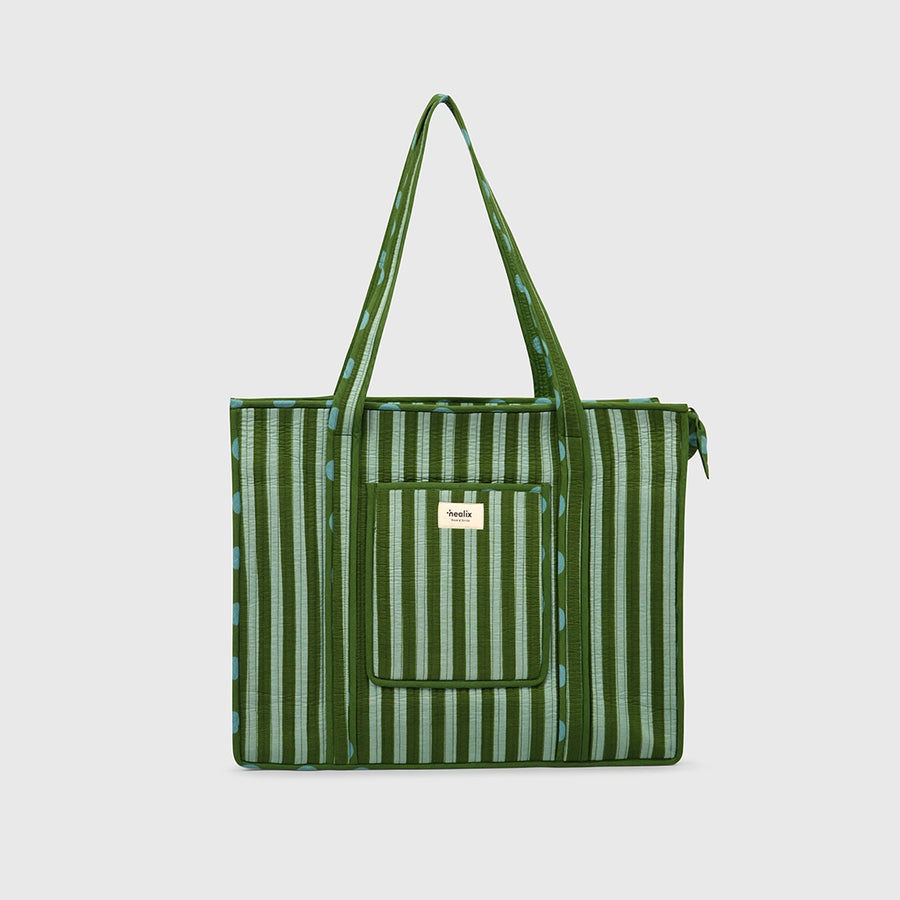 Carry-All Tote Bag in Hunter Green, front view with handles raised.