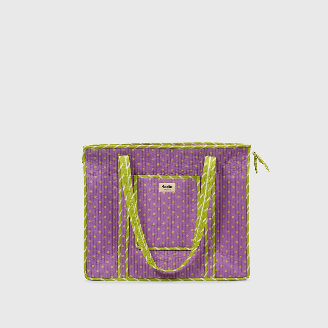 Carry-All Tote Bag in Lilac and Lime, front view.