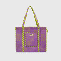 Carry-All Tote Bag in Lilac and Lime, front view with handles raised.