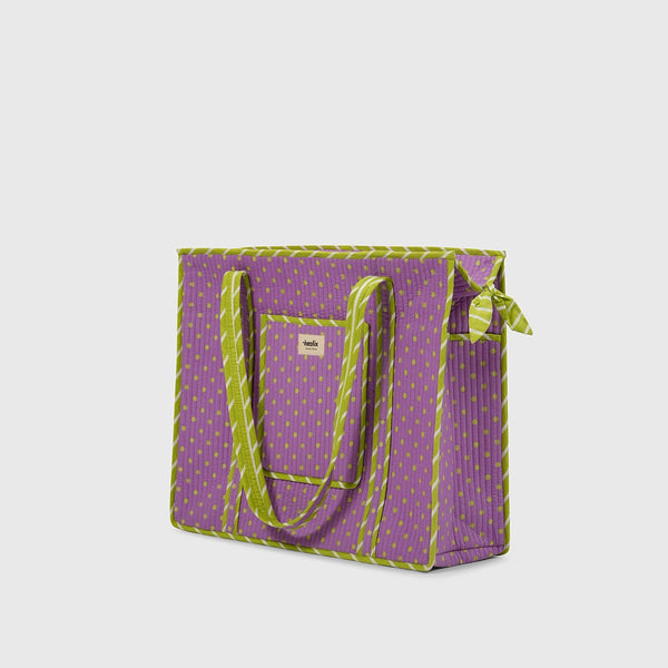 Carry-All Tote Bag in Lilac and Lime, side view.