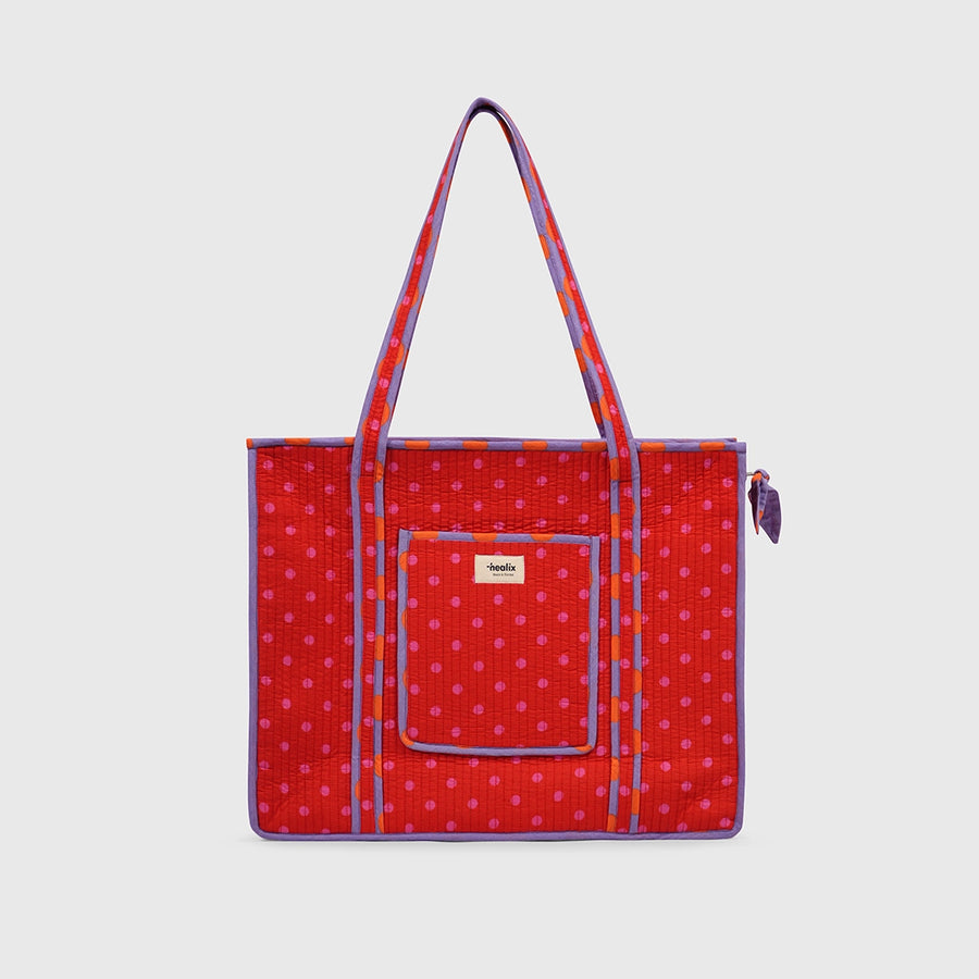 Carry-All Tote Bag in Candy Red and Blush, front view with handles raised.