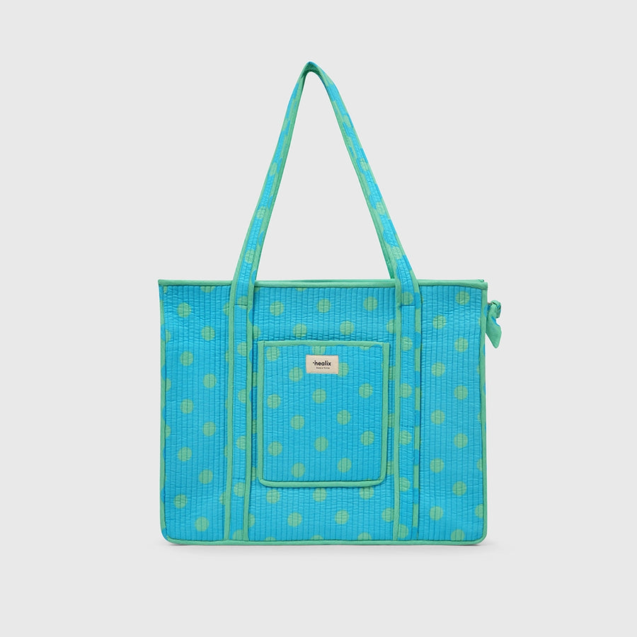 Carry-All Tote Bag in Turquise and Mint, side view.