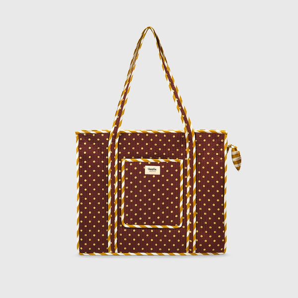 Carry-All Tote Bag in Espresso and Toffee, front view with handles raised.
