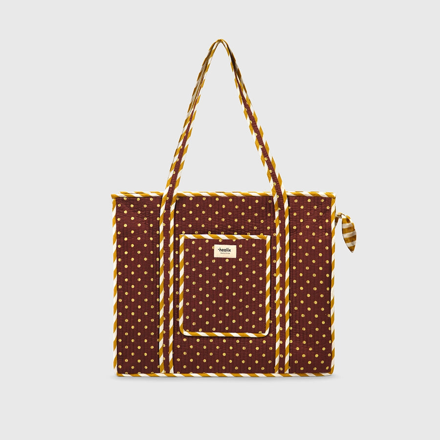 Carry-All Tote Bag in Espresso and Toffee, front view with handles raised.