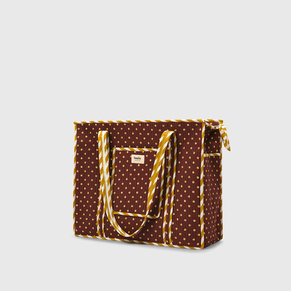 Carry-All Tote Bag in Espresso and Toffee, side view.