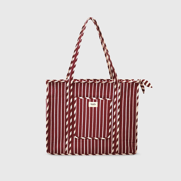 Carry-All Tote Bag in Espresso and White, front view with handles raised.
