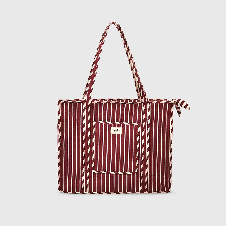 Carry-All Tote Bag in Espresso and White, front view with handles raised.