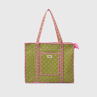 Carry-All Tote Bag in Bubblegum and Mint, front view with handles raised.