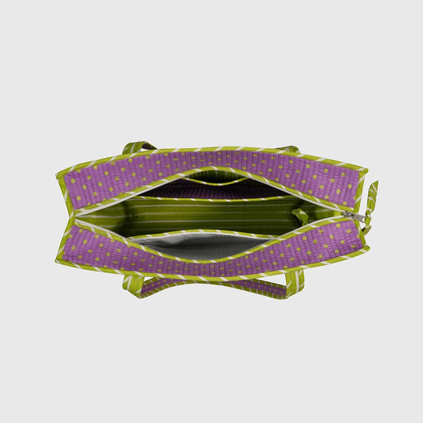 Carry-All Tote Bag in Lilac and Lime, open interior view.