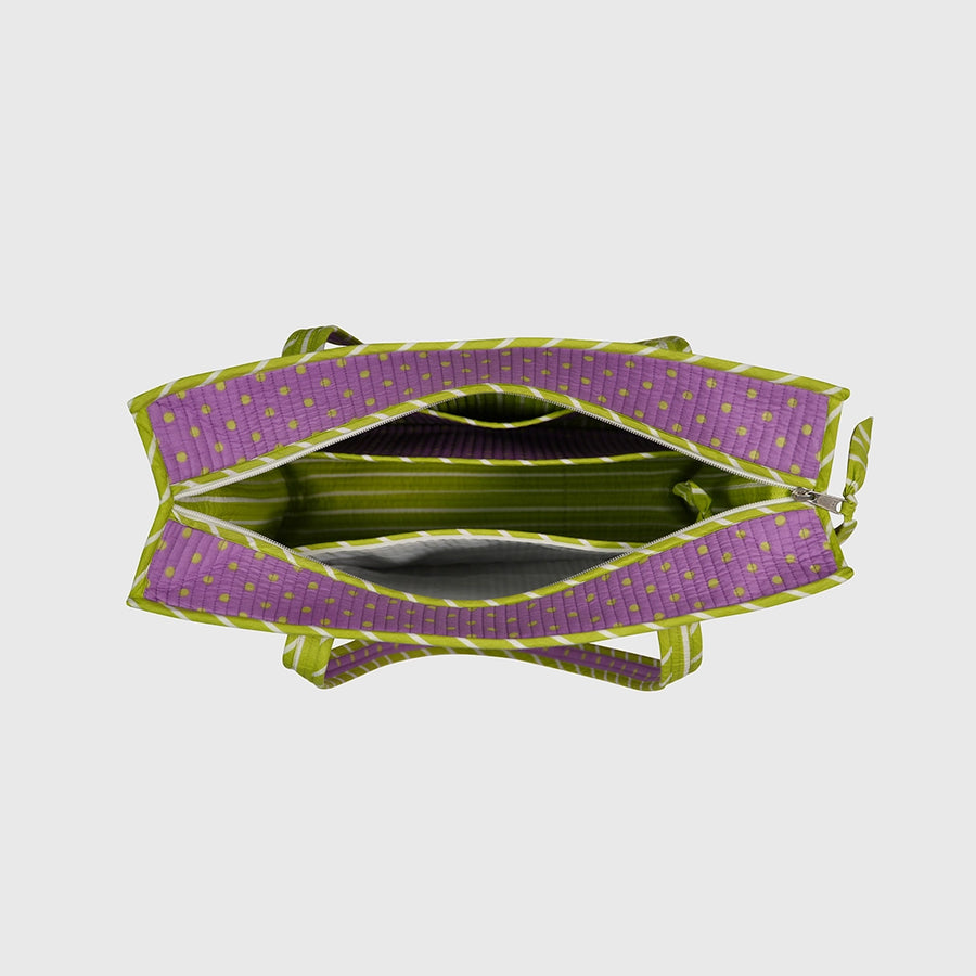 Carry-All Tote Bag in Lilac and Lime, open interior view.