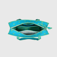 Carry-All Tote Bag in Turquise and Mint, front view with handles raised.