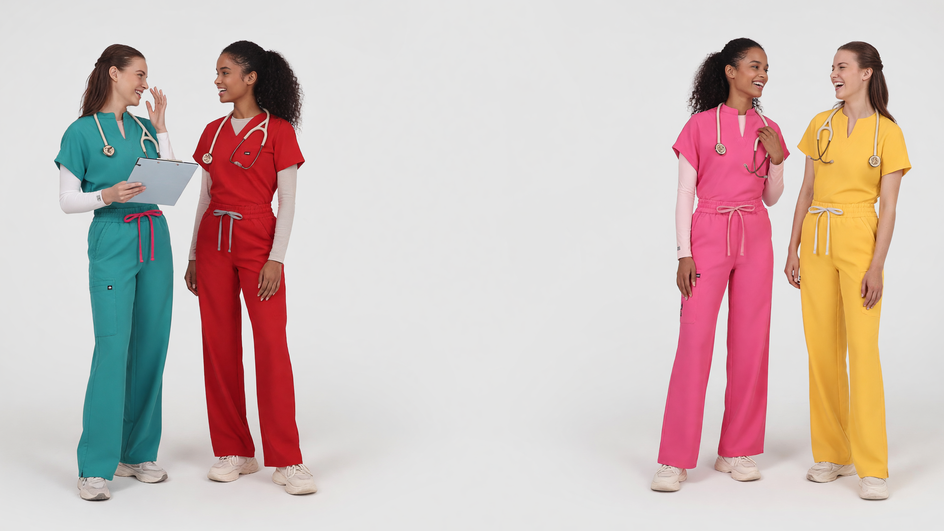 Four healthcare professionals in bright Healix scrubs